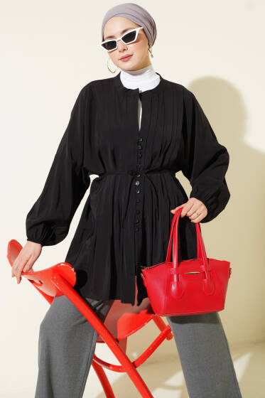 Önü Nervürlü Salaş Tensel Gömlek Siyah - Gömlek