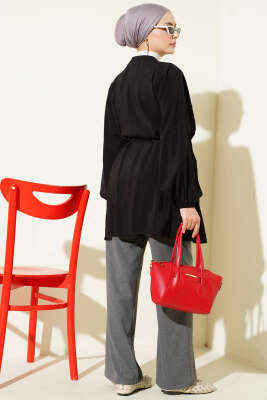 Önü Nervürlü Salaş Tensel Gömlek Siyah - Gömlek