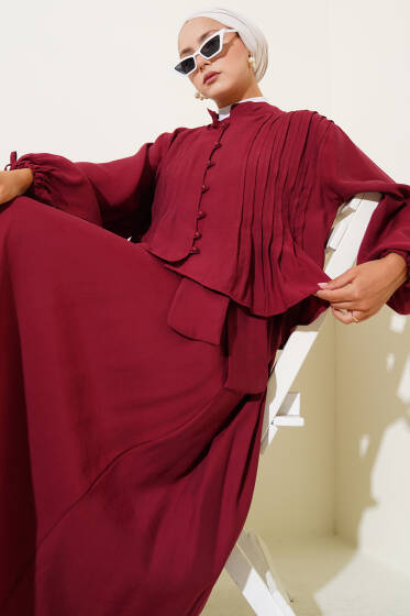 Önü Nevürlü Brit Düğmeli Etekli Takım Bordo - İkili Takım