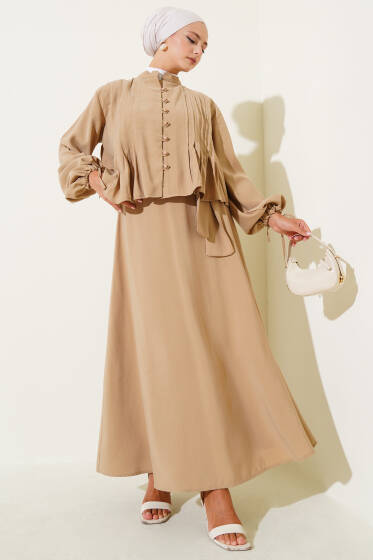 Önü Nevürlü Brit Düğmeli Etekli Takım Latte - İkili Takım