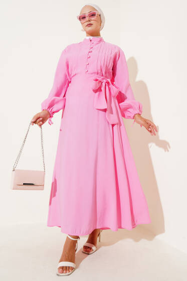 Önü Nevürlü Brit Düğmeli Etekli Takım Pembe - İkili Takım