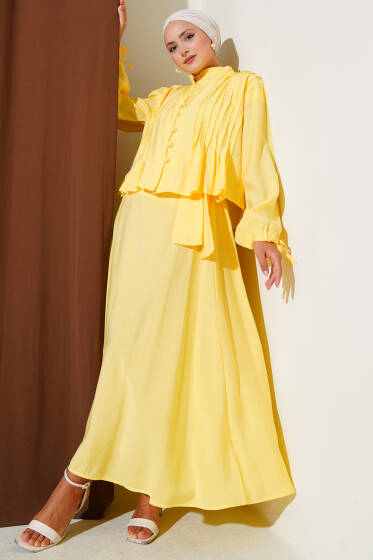 Önü Nevürlü Brit Düğmeli Etekli Takım Sarı - İkili Takım