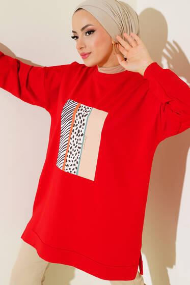 Önü Pano Baskılı Tunik Bordo - Tunik
