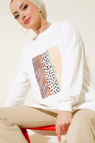 Önü Pano Baskılı Tunik Ekru - Tunik