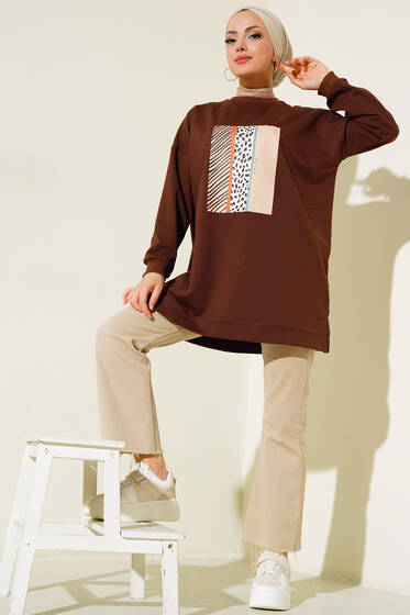Önü Pano Baskılı Tunik Kahve - Tunik