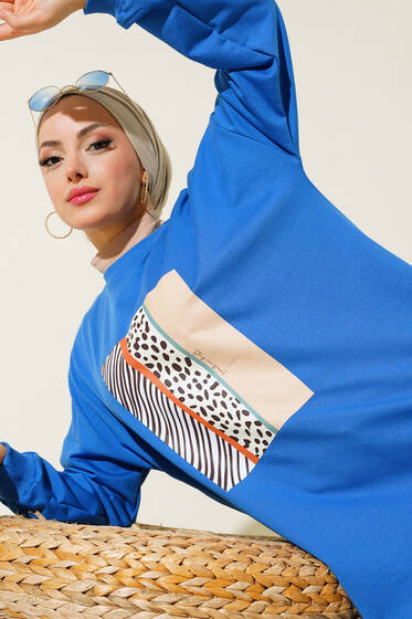 Önü Pano Baskılı Tunik Saks - Tunik