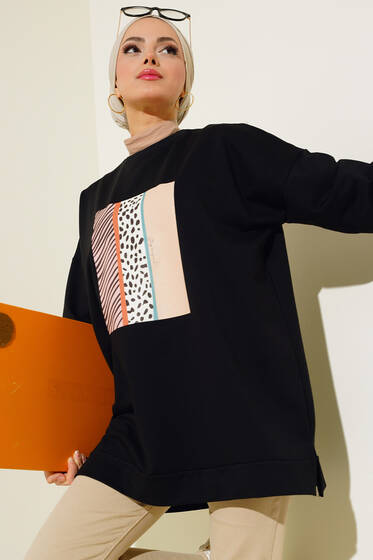 Önü Pano Baskılı Tunik Siyah - Tunik