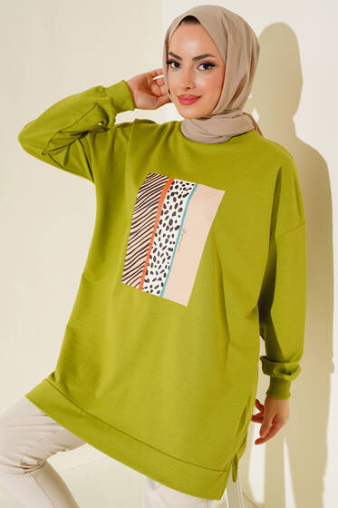 Önü Pano Baskılı Tunik Yağ Yeşili - Tunik