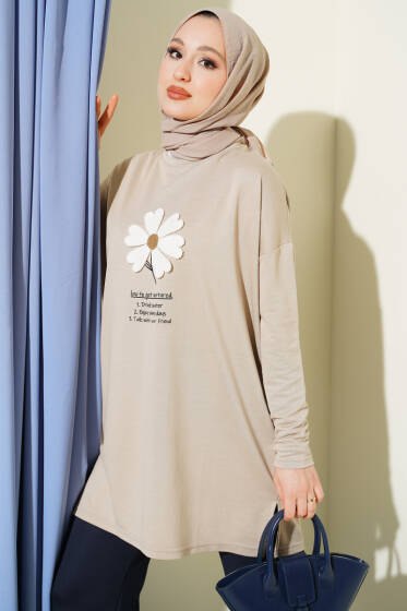 Önü Papatya Armalı Tunik Bej - Tunik