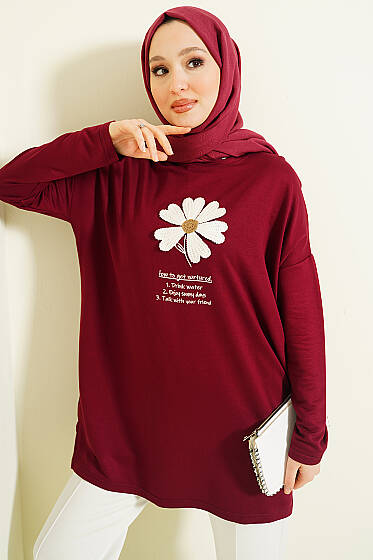 Önü Papatya Armalı Tunik Bordo - Tunik
