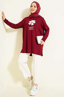 Önü Papatya Armalı Tunik Bordo - Tunik