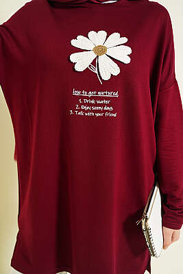 Önü Papatya Armalı Tunik Bordo - Tunik