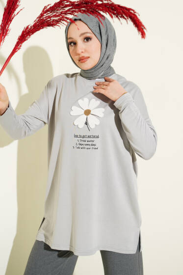 Önü Papatya Armalı Tunik Gri - Tunik