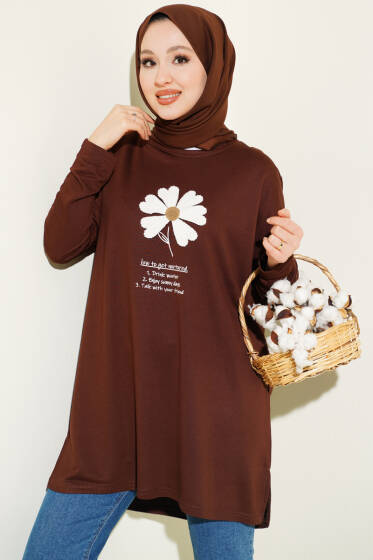 Önü Papatya Armalı Tunik Kahve - 300-500 TL Ürünler