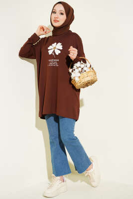 Önü Papatya Armalı Tunik Kahve - Tunik