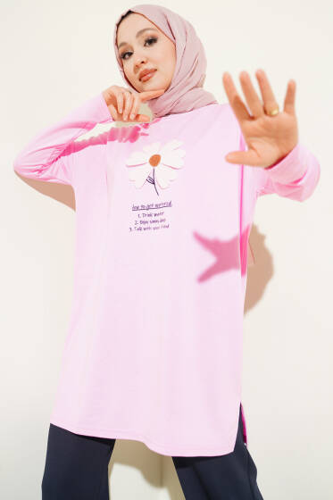 Önü Papatya Armalı Tunik Pembe - Tunik