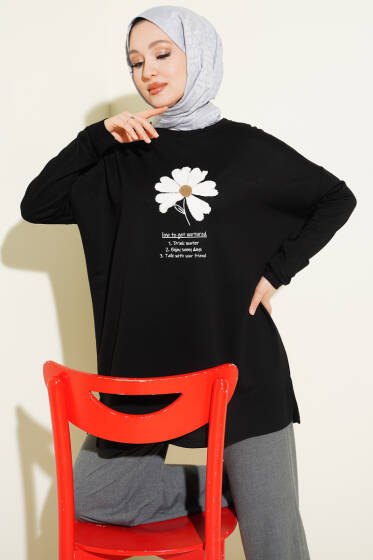Önü Papatya Armalı Tunik Siyah - Tunik