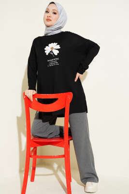 Önü Papatya Armalı Tunik Siyah - Tunik