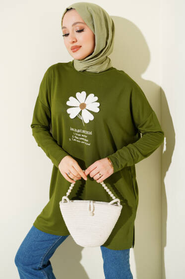Önü Papatya Armalı Tunik Yeşil - Tunik