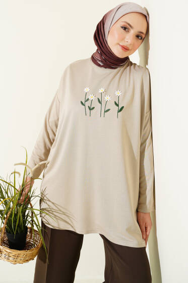 Önü Papatya Nakışlı Tunik Bej - Tunik