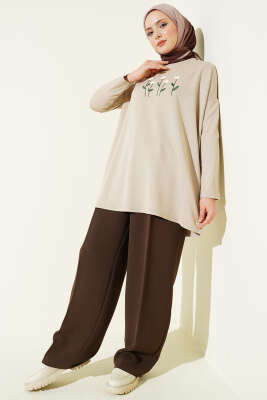 Önü Papatya Nakışlı Tunik Bej - Tunik