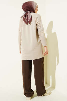 Önü Papatya Nakışlı Tunik Bej - Tunik