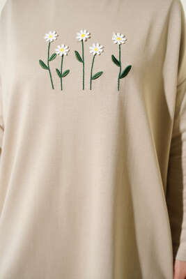 Önü Papatya Nakışlı Tunik Bej - Tunik