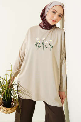 Önü Papatya Nakışlı Tunik Bej - SAS