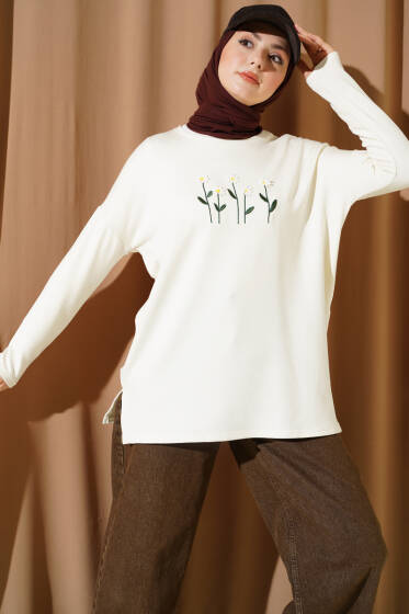 Önü Papatya Nakışlı Tunik Ekru - Yılın Fırsatı