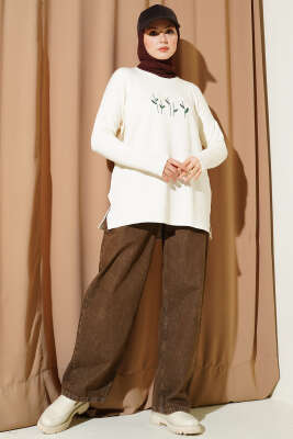 Önü Papatya Nakışlı Tunik Ekru - Yılın Fırsatı
