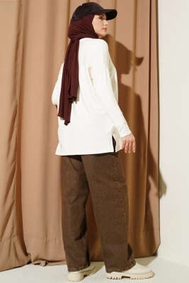 Önü Papatya Nakışlı Tunik Ekru - Yılın Fırsatı