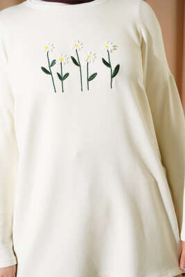 Önü Papatya Nakışlı Tunik Ekru - Yılın Fırsatı