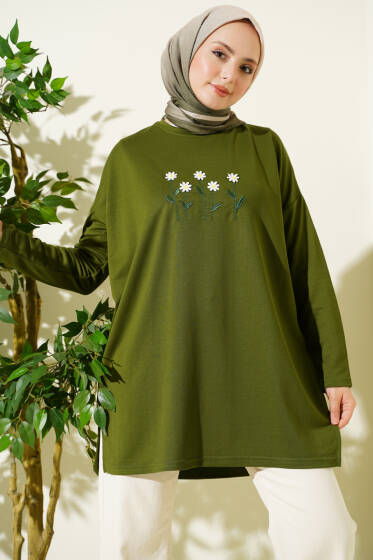 Önü Papatya Nakışlı Tunik Haki - Tunik