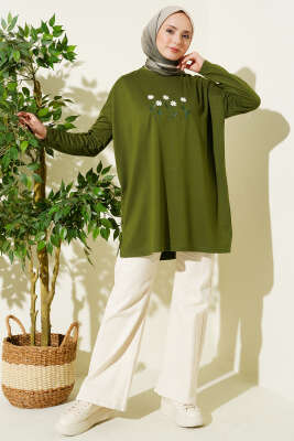 Önü Papatya Nakışlı Tunik Haki - Tunik