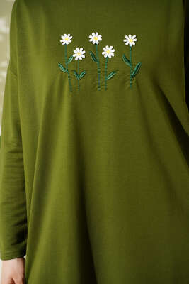 Önü Papatya Nakışlı Tunik Haki - Yılın Fırsatı