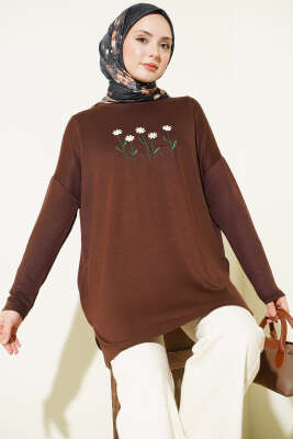 Önü Papatya Nakışlı Tunik Kahve - SAS