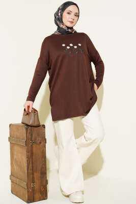 Önü Papatya Nakışlı Tunik Kahve - Yılın Fırsatı
