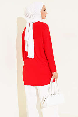 Önü Papatya Nakışlı Tunik Kırmızı - Tunik