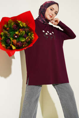 Önü Papatya Nakışlı Tunik Mürdüm - SAS