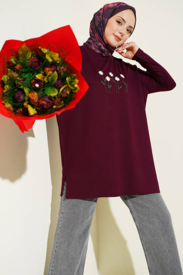 Önü Papatya Nakışlı Tunik Mürdüm - Tunik