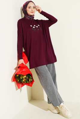 Önü Papatya Nakışlı Tunik Mürdüm - Tunik