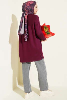 Önü Papatya Nakışlı Tunik Mürdüm - Tunik