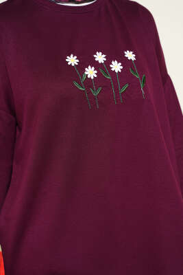 Önü Papatya Nakışlı Tunik Mürdüm - Tunik