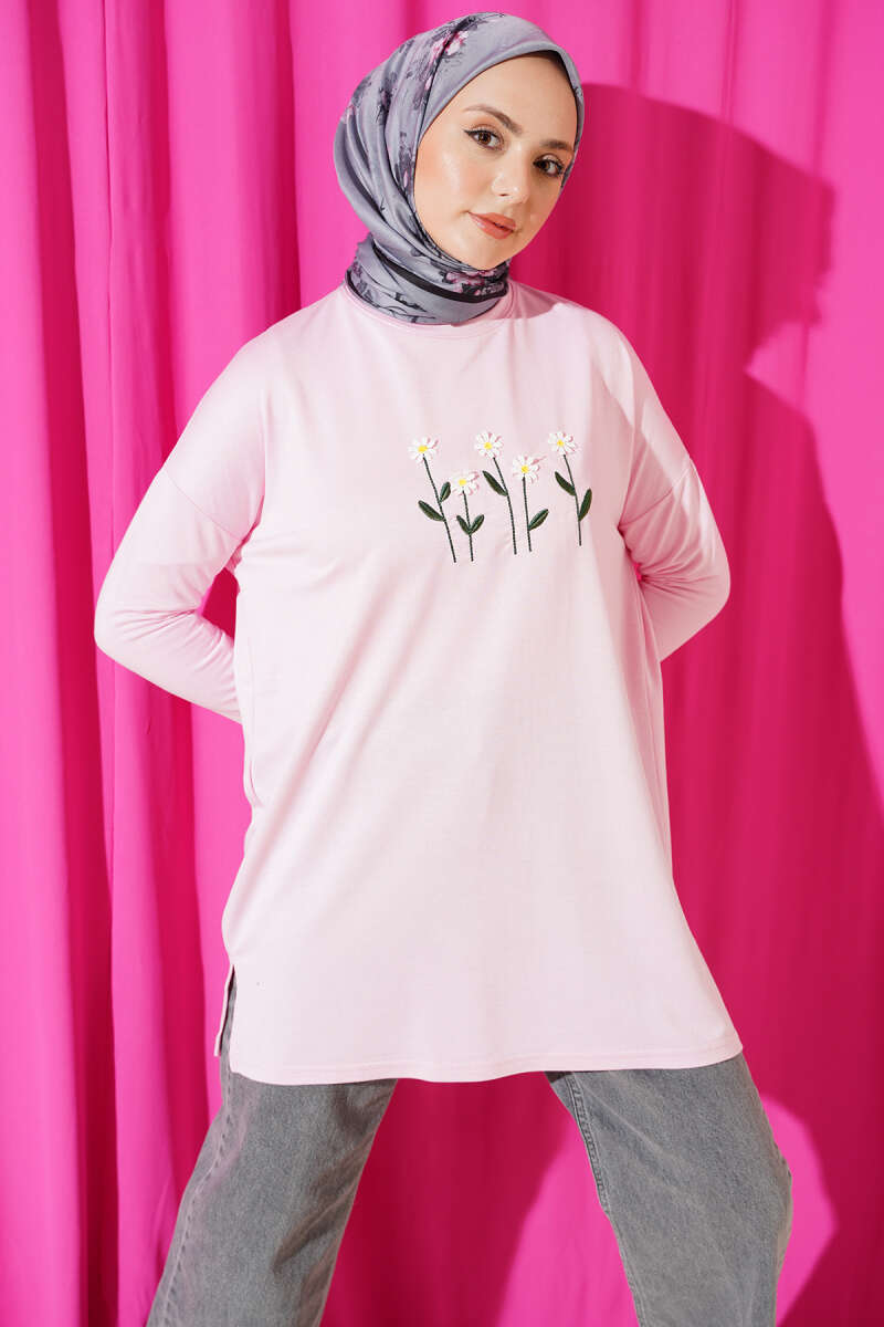 Önü Papatya Nakışlı Tunik Pembe
