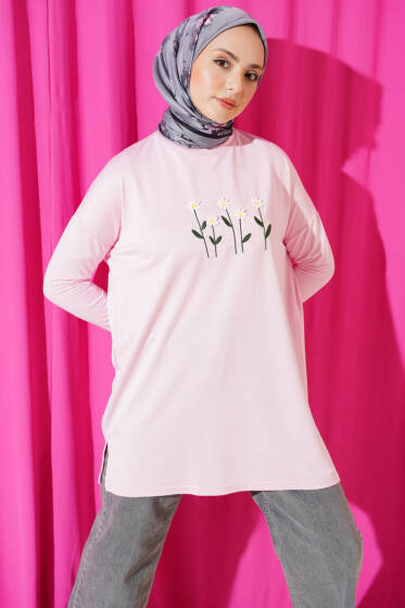 Önü Papatya Nakışlı Tunik Pembe - Tunik