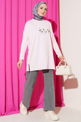 Önü Papatya Nakışlı Tunik Pembe - Yılın Fırsatı