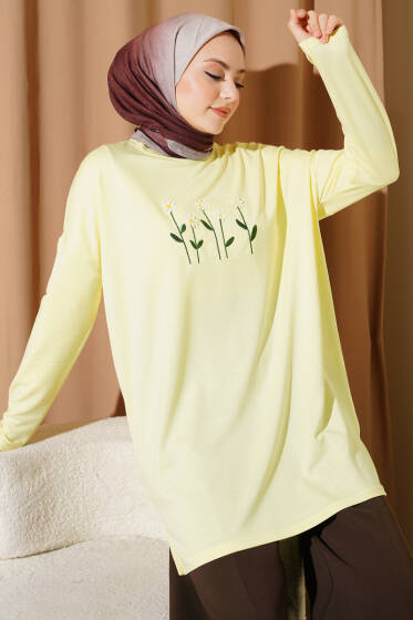 Önü Papatya Nakışlı Tunik Sarı - Yılın Fırsatı