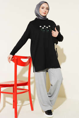 Önü Papatya Nakışlı Tunik Siyah - 300-500 TL Ürünler