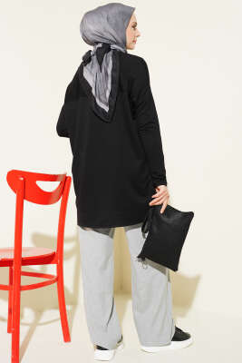 Önü Papatya Nakışlı Tunik Siyah - Tunik