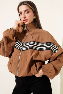 Önü Parça Çizgili Ceket Kahve - Kadın Giyim Modelleri